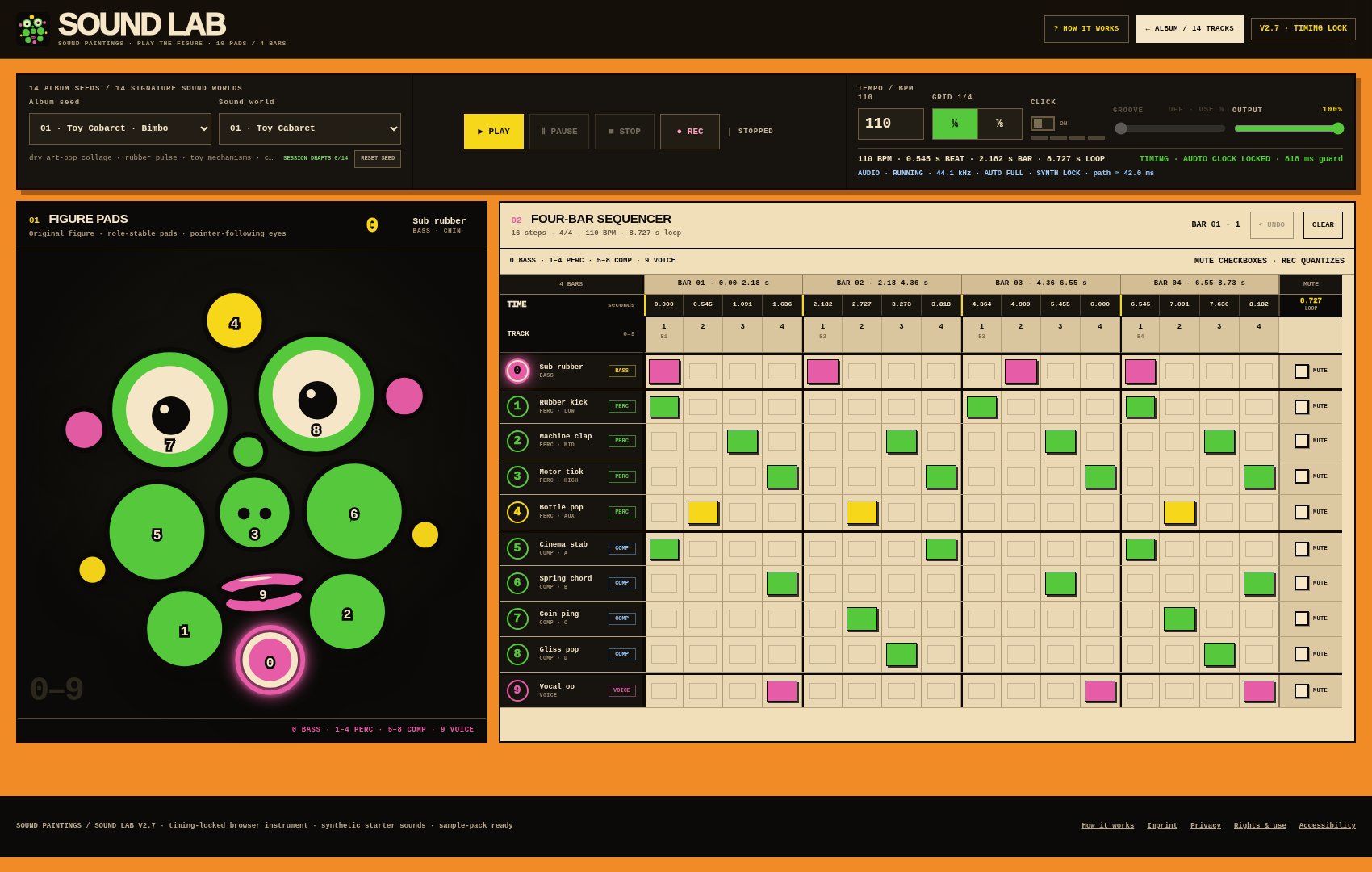 Sound Lab with figure pads on the left, timing controls above and the four-bar sequencer on the right